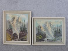 Two framed oils on canvas of Alpine mountain river landscapes, indistinctly signed. H.60 W.50cm