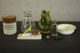 A collection of ceramics and glass, including a Staffordshire hand painted pottery pheasant inkwell,