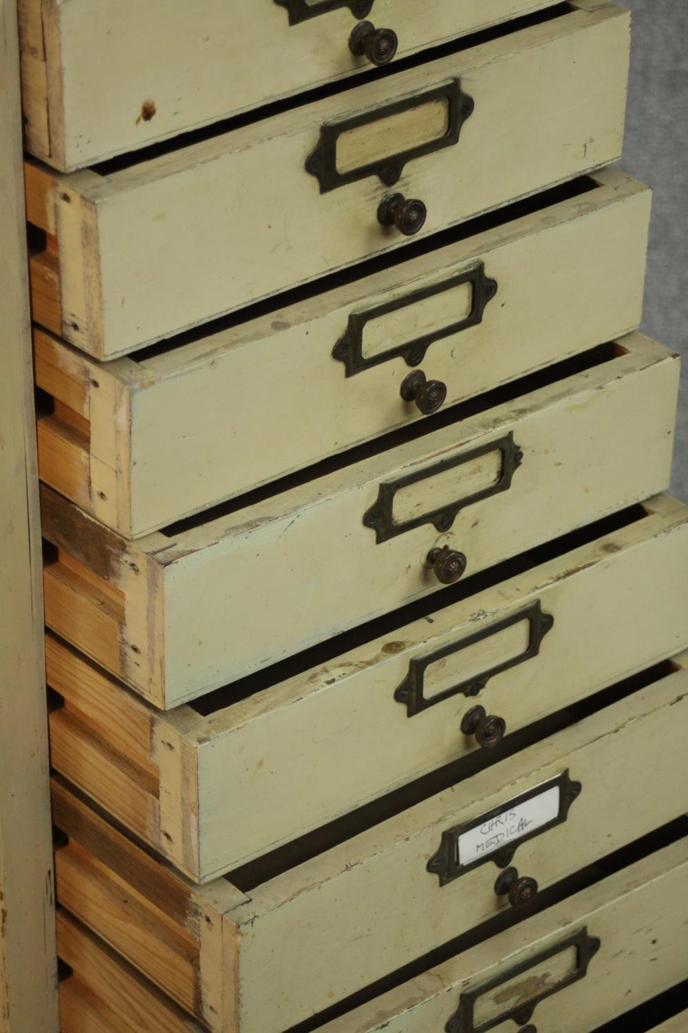 An early 20th century cream painted filing chest of ten drawers. H.99 W.38 D.37cm. - Image 5 of 6