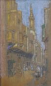 A framed pastel of a British street scene, unsigned. H.50 W.35cm