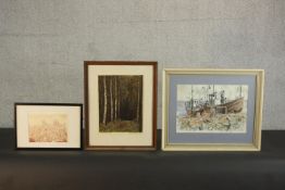 Val Falla, watercolour of Hastings Fishing Boats, signed along with a watercolour 'In Redland Woods'