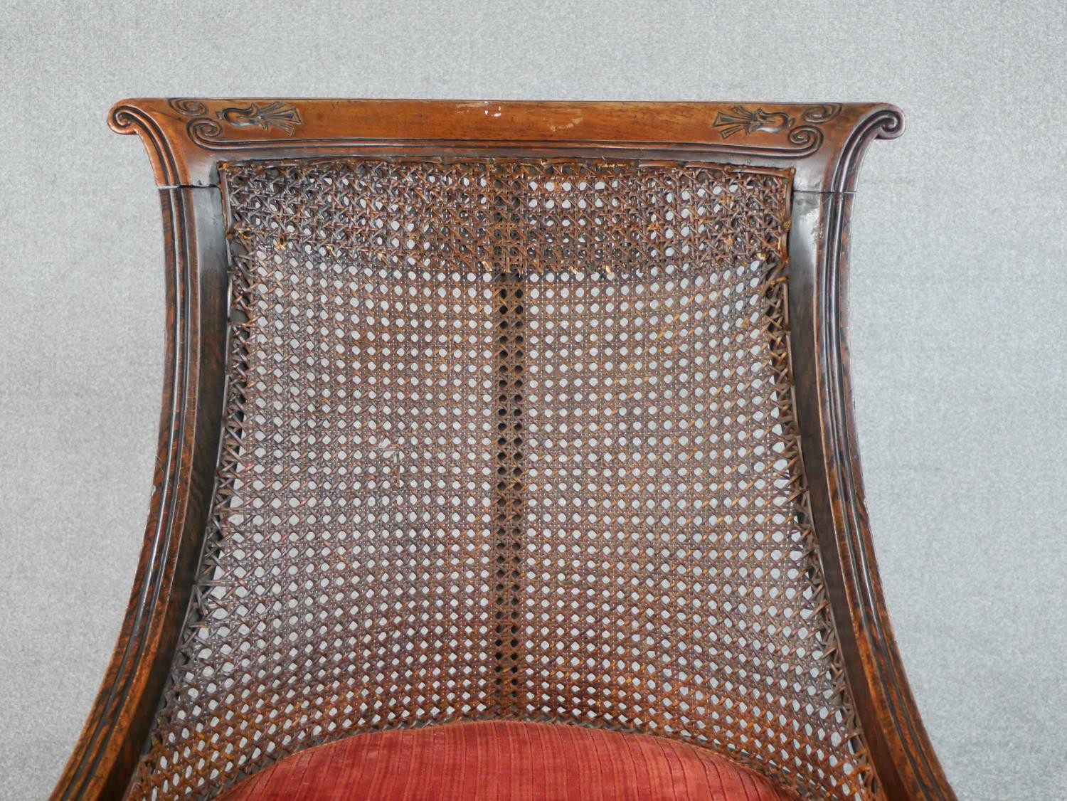 A Regency simulated rosewood bergere type side chair, the carved bar back over caning, above a red - Image 4 of 5