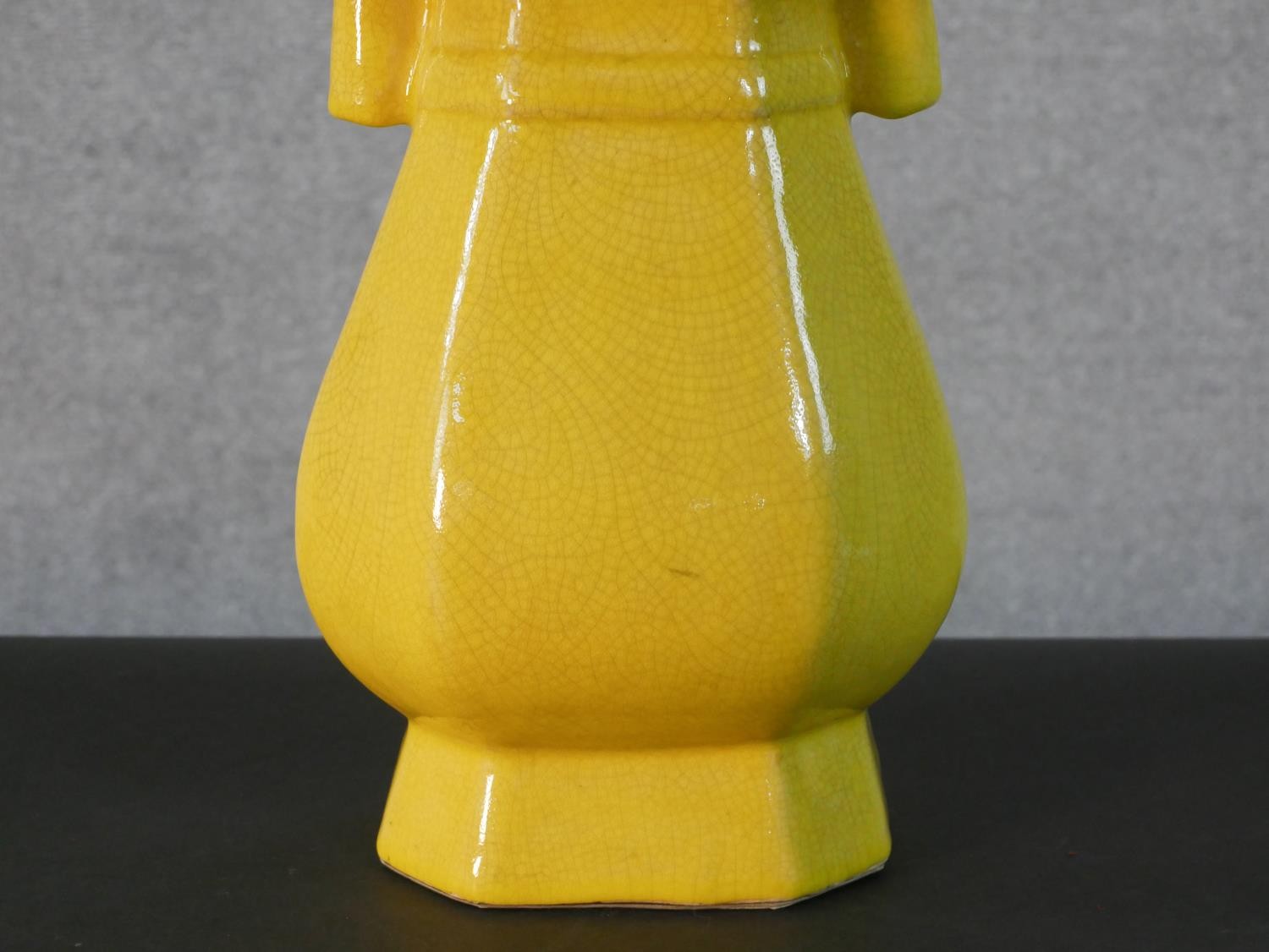 A Chinese yellow glaze vase design table lamp with cream shade. H.61 W.40cm - Image 6 of 6
