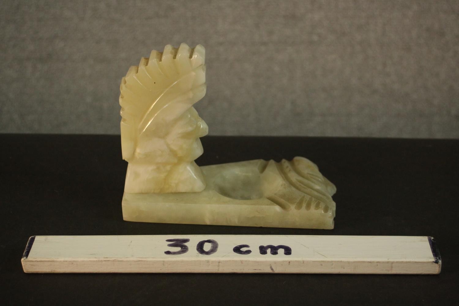 An Art Deco carved alabaster ashtray in the form of a Native American head. H.14 W.17 D.10cm. - Image 2 of 6