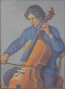 Attributed to Fermin Rocker (1907-2004). A framed oil on board of a man playing a cello,