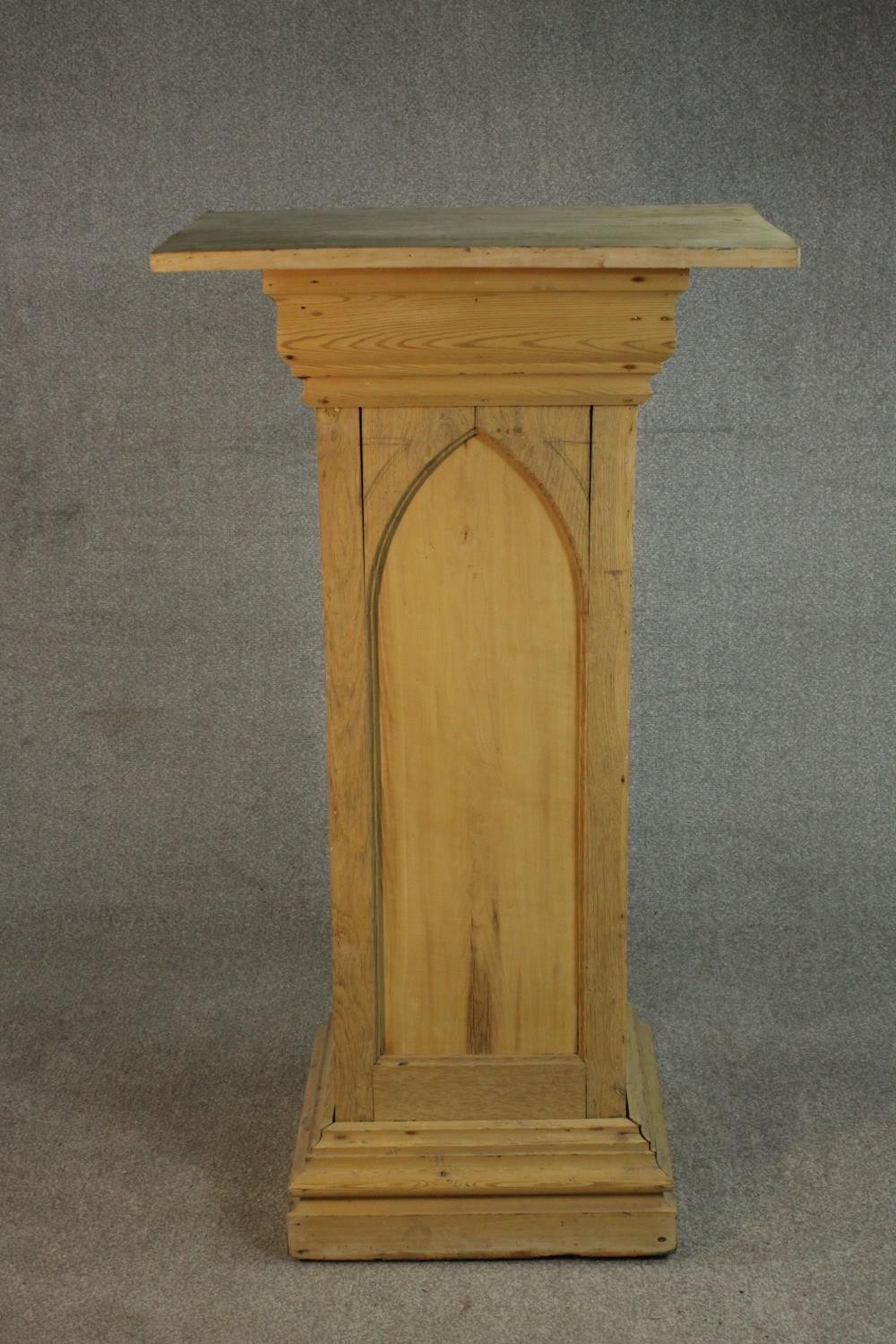 A Gothic Revival oak and pine sculpture stand, with a rectangular top, the sides with arched design, - Image 4 of 9