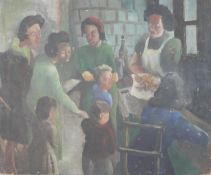 An unframed mid-century oil on board of a kitchen scene with figures, unsigned. H.52 W.62cm