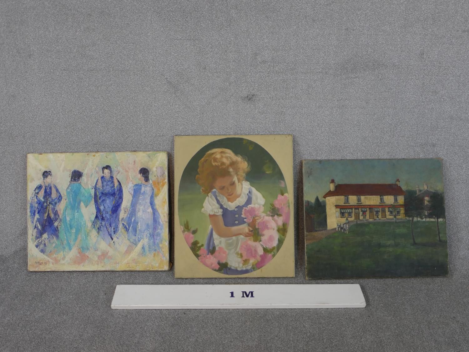 Three unframed oils on canvas, four Oriental ladies signed A. E. Hance, a country pub, unsigned - Image 2 of 6