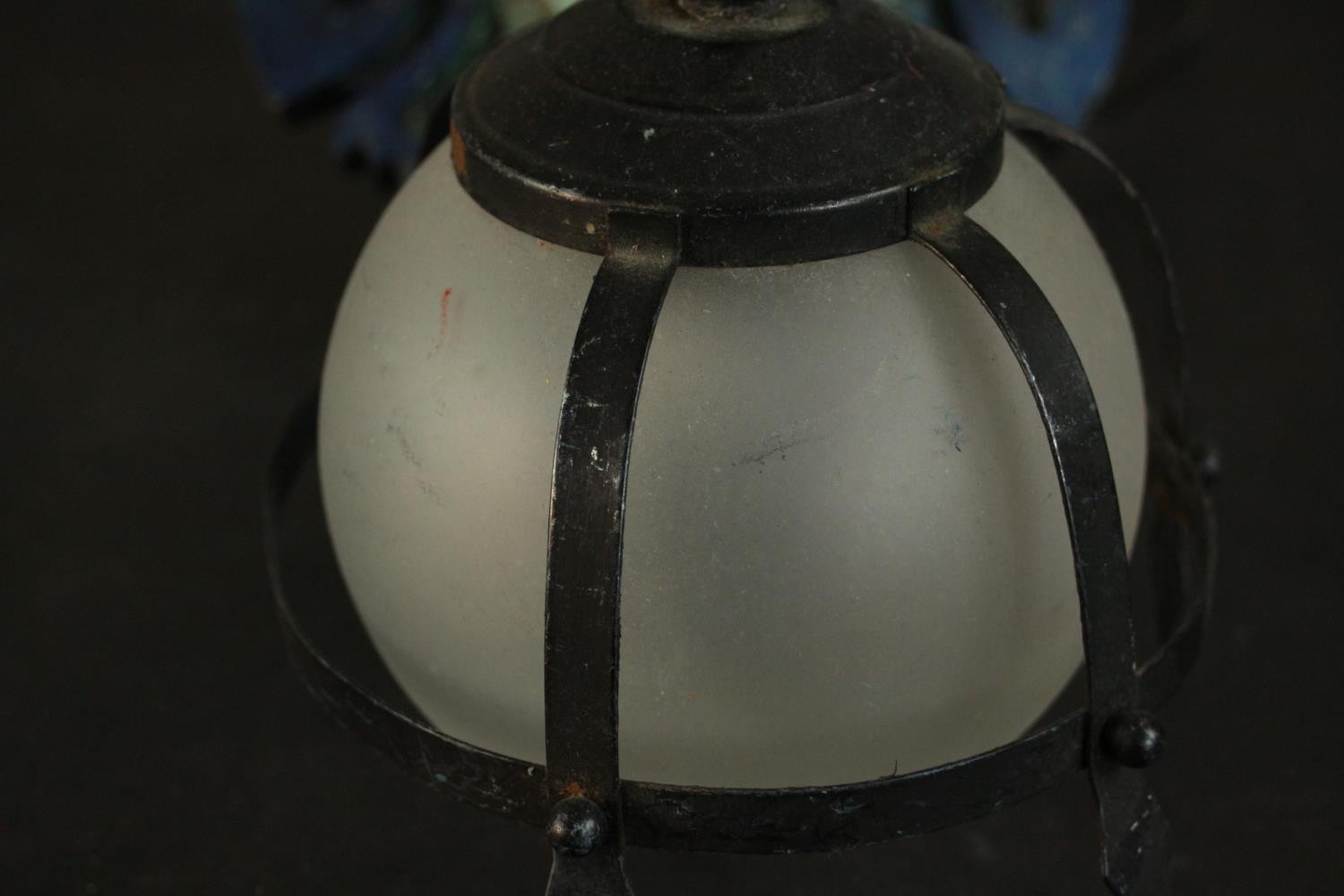 A moulded metallic painted dragon head wall lamp with caged frosted glass globe shade. H.33 W.23 D. - Image 6 of 7