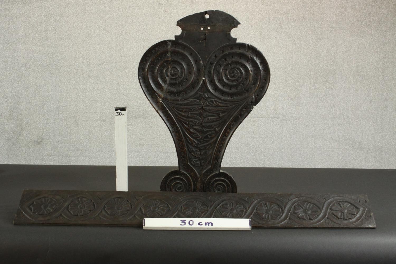 An oak stair baluster and furniture mount, probably 17th century, one with two opposing spirals - Image 2 of 7