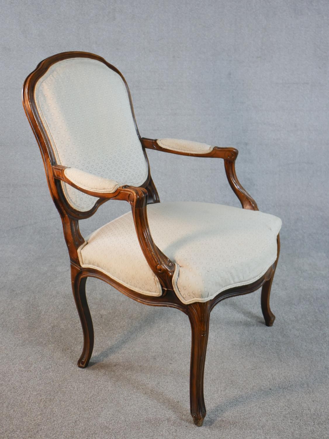 A French Louix XV style walnut fauteuil armchair, upholstered to the back, seat and arm pads with - Image 2 of 4