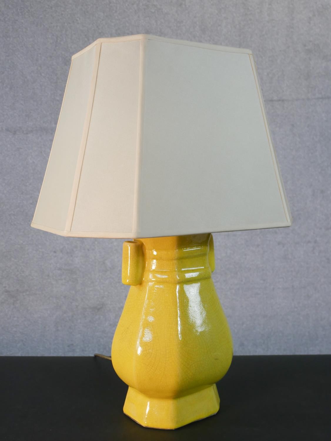 A Chinese yellow glaze vase design table lamp with cream shade. H.61 W.40cm - Image 3 of 6