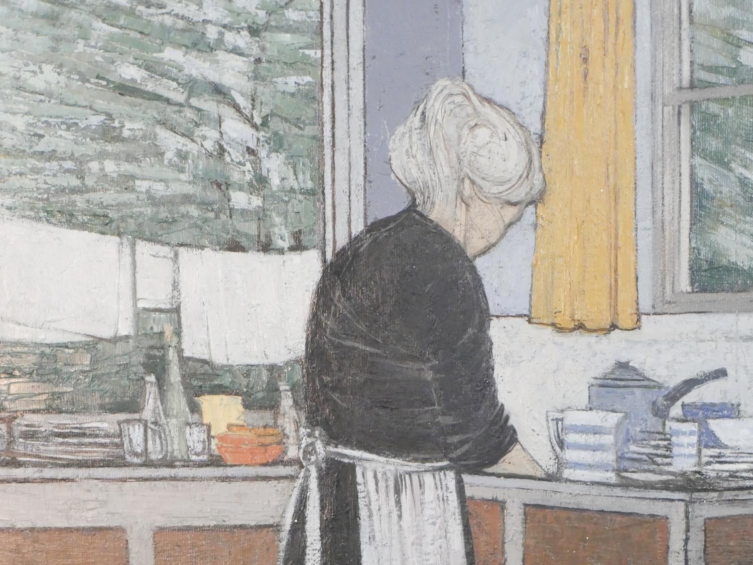 Shirley Teed (1933 - 2018), oil on board of an old lady washing up in the kitchen, signed and - Image 5 of 6