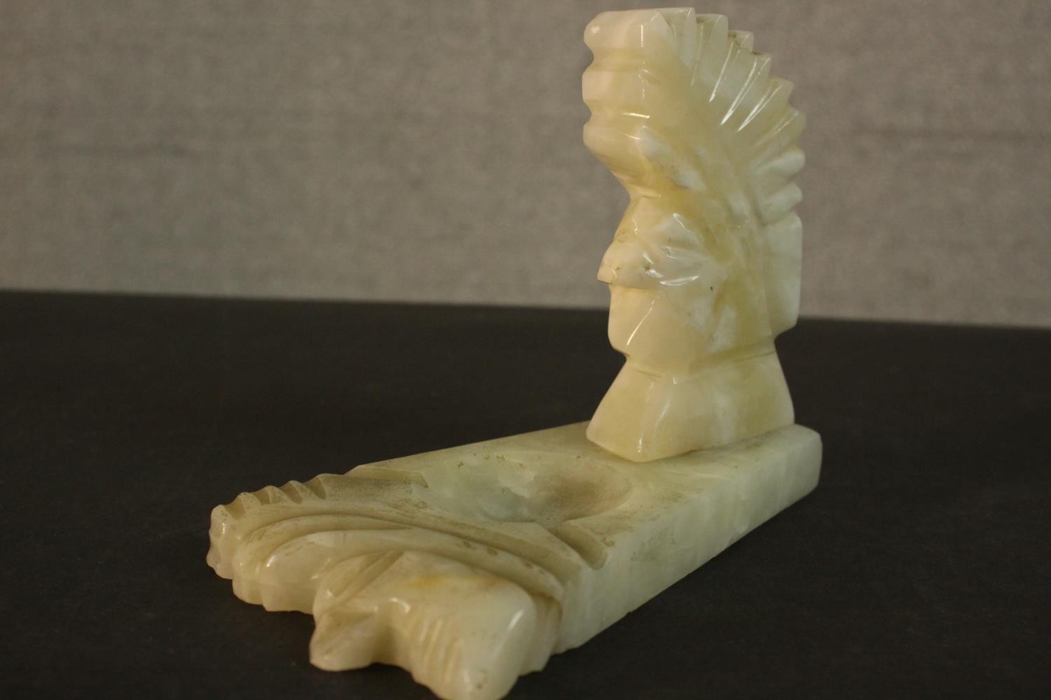 An Art Deco carved alabaster ashtray in the form of a Native American head. H.14 W.17 D.10cm. - Image 6 of 6
