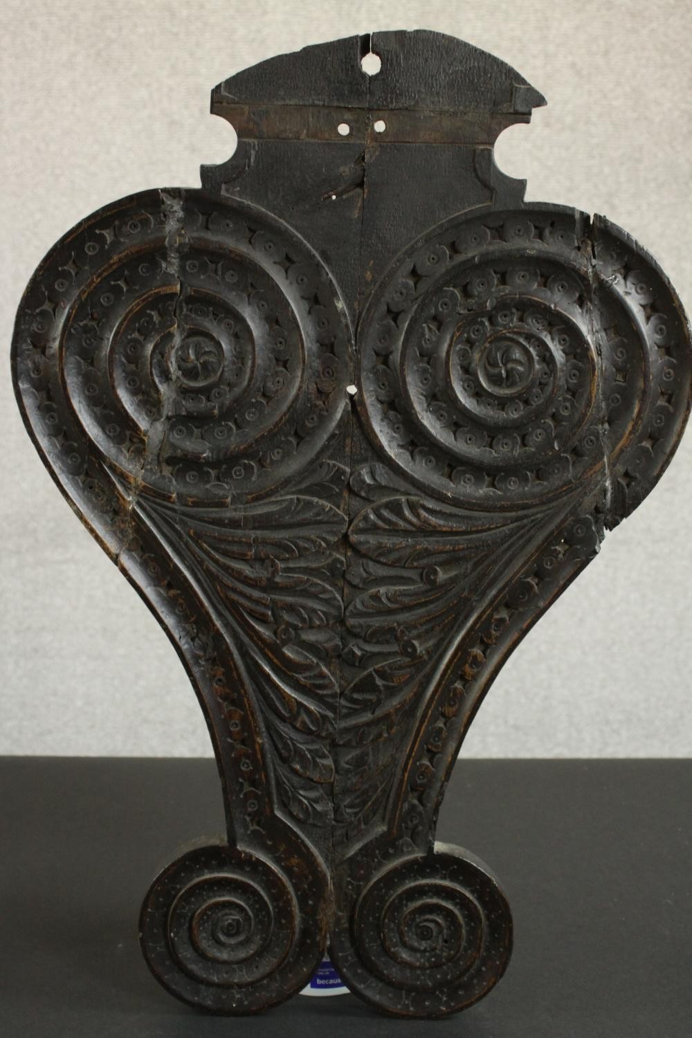 An oak stair baluster and furniture mount, probably 17th century, one with two opposing spirals - Image 5 of 7