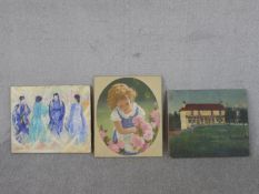 Three unframed oils on canvas, four Oriental ladies signed A. E. Hance, a country pub, unsigned