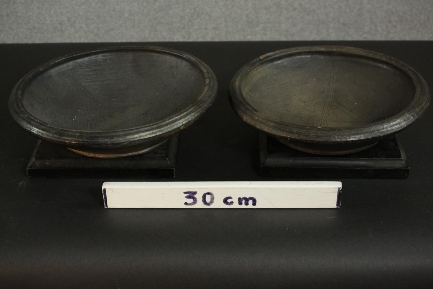 Two gold glaze art pottery bowls with two 19th century ebonised square stands. H.10 Dia.29cm. (each) - Image 2 of 7