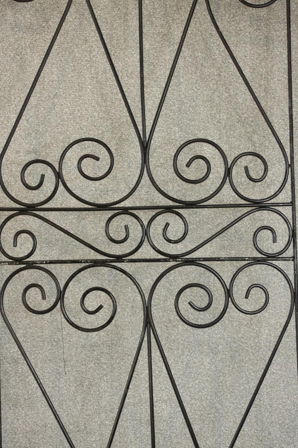 A pair of black painted wrought iron gates, decorated with spiral designs. H.177 W.64cm. (each) - Image 2 of 4
