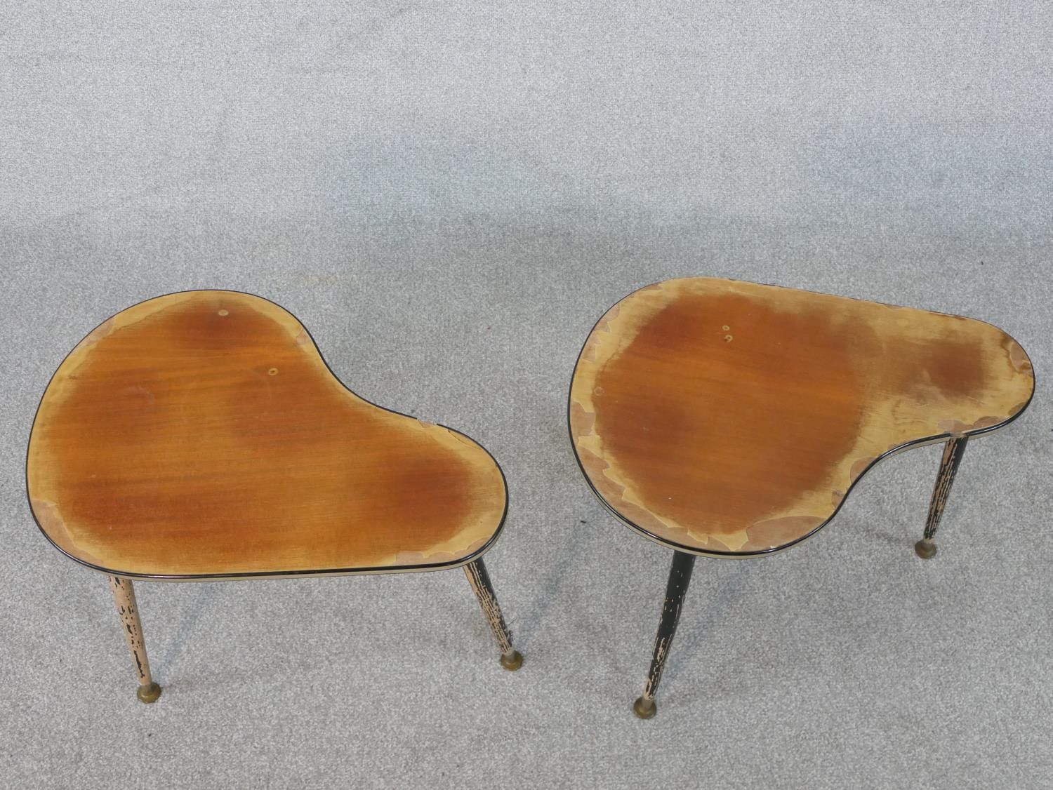 A pair of mid century shaped top occasional tables with lacquered tops on dansette supports. H.40 - Image 2 of 4