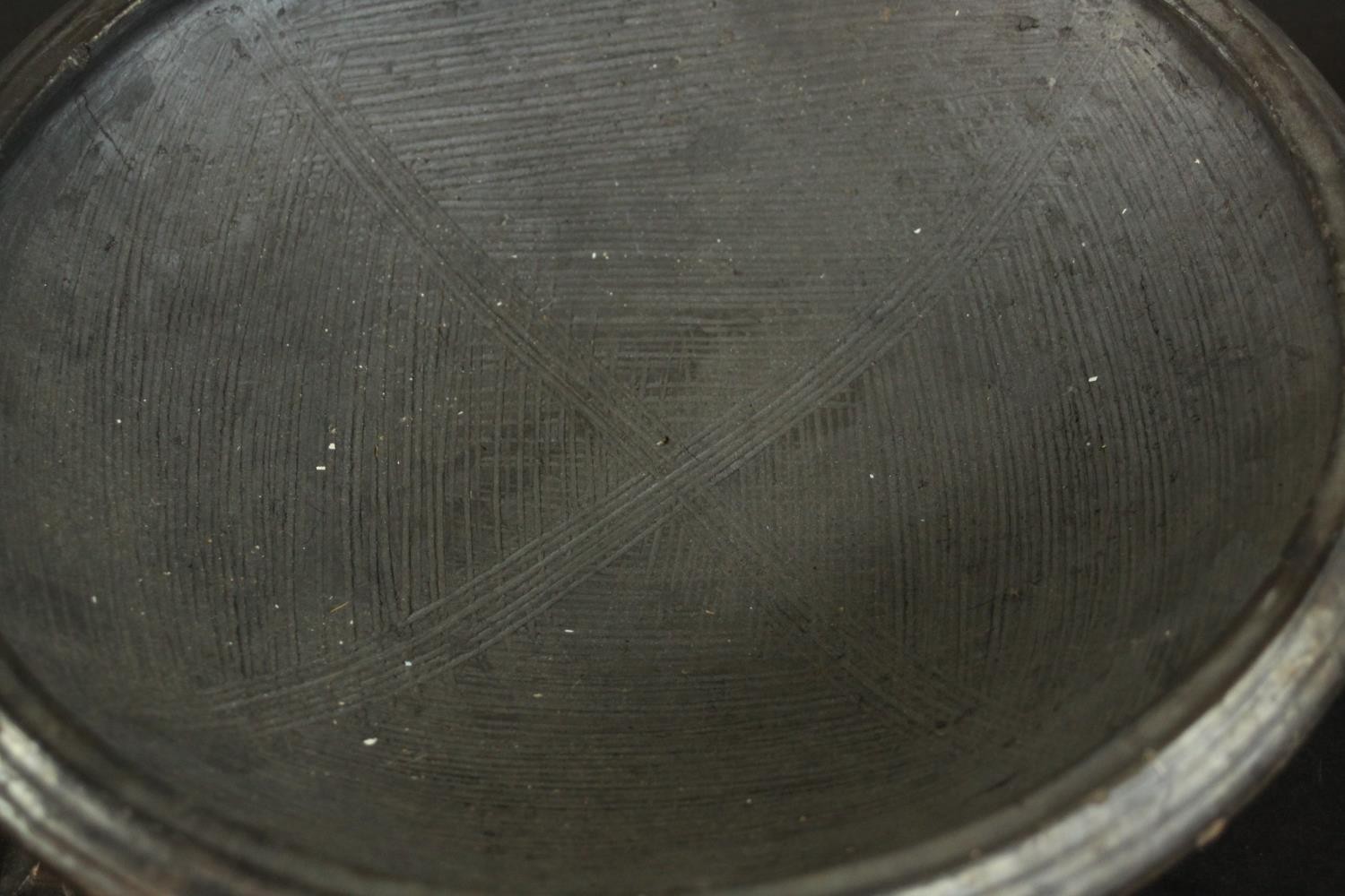 Two gold glaze art pottery bowls with two 19th century ebonised square stands. H.10 Dia.29cm. (each) - Image 5 of 7