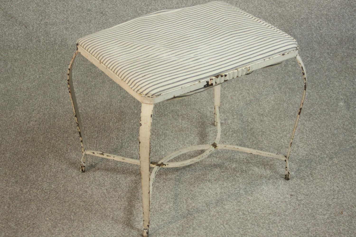 A white painted wrought iron stool, probably French, the seat upholstered in striped black and white - Image 3 of 5