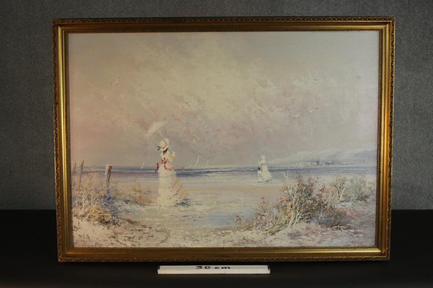 J Miller (Contemporary), Edwardian Beach Scene, acrylic, signed lower right. H.68 W.94cm. - Image 3 of 6