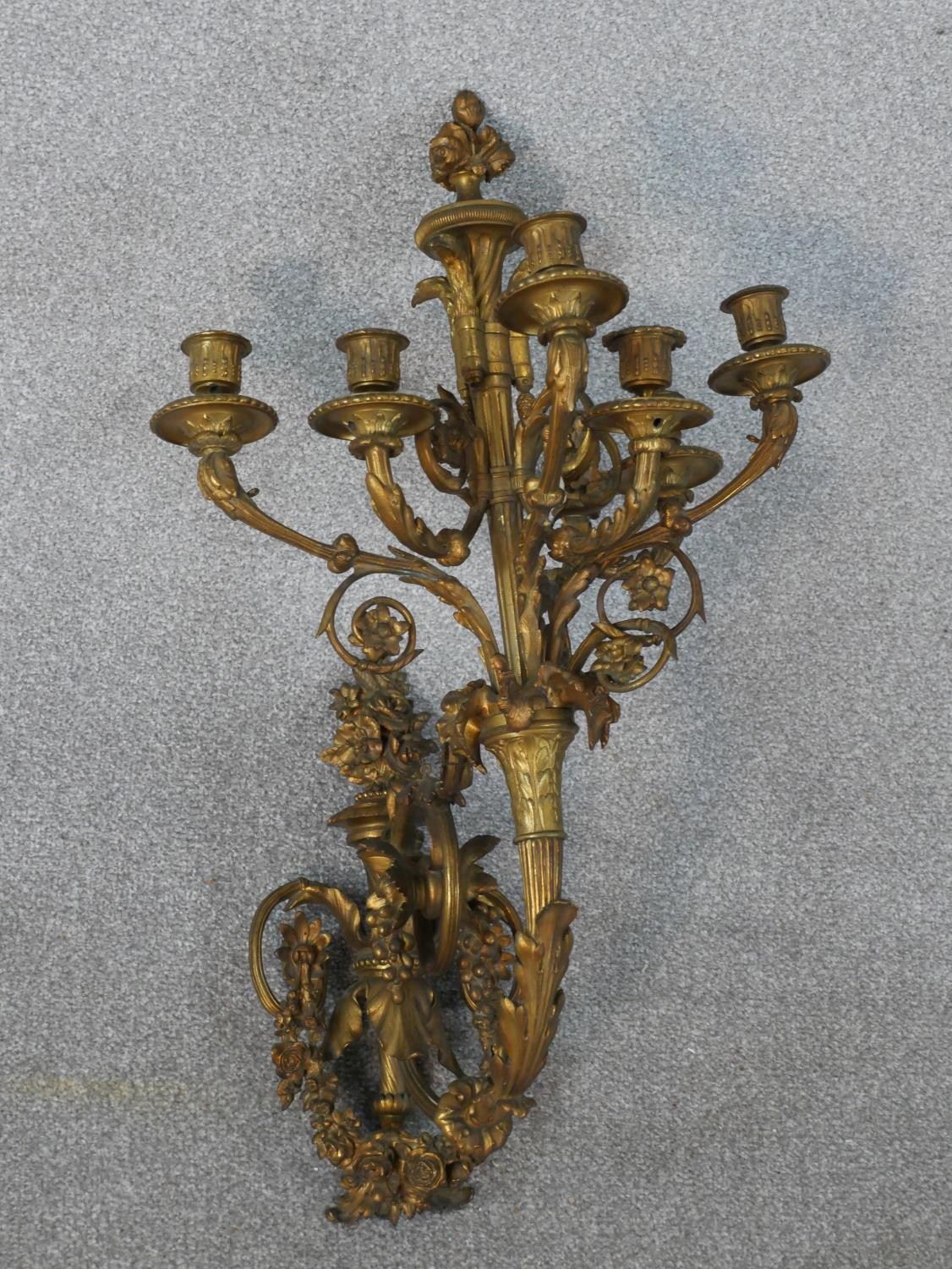 A late 19th century ormolu wall applique, the torch form wall mount hung with garlands of flowers - Image 2 of 8