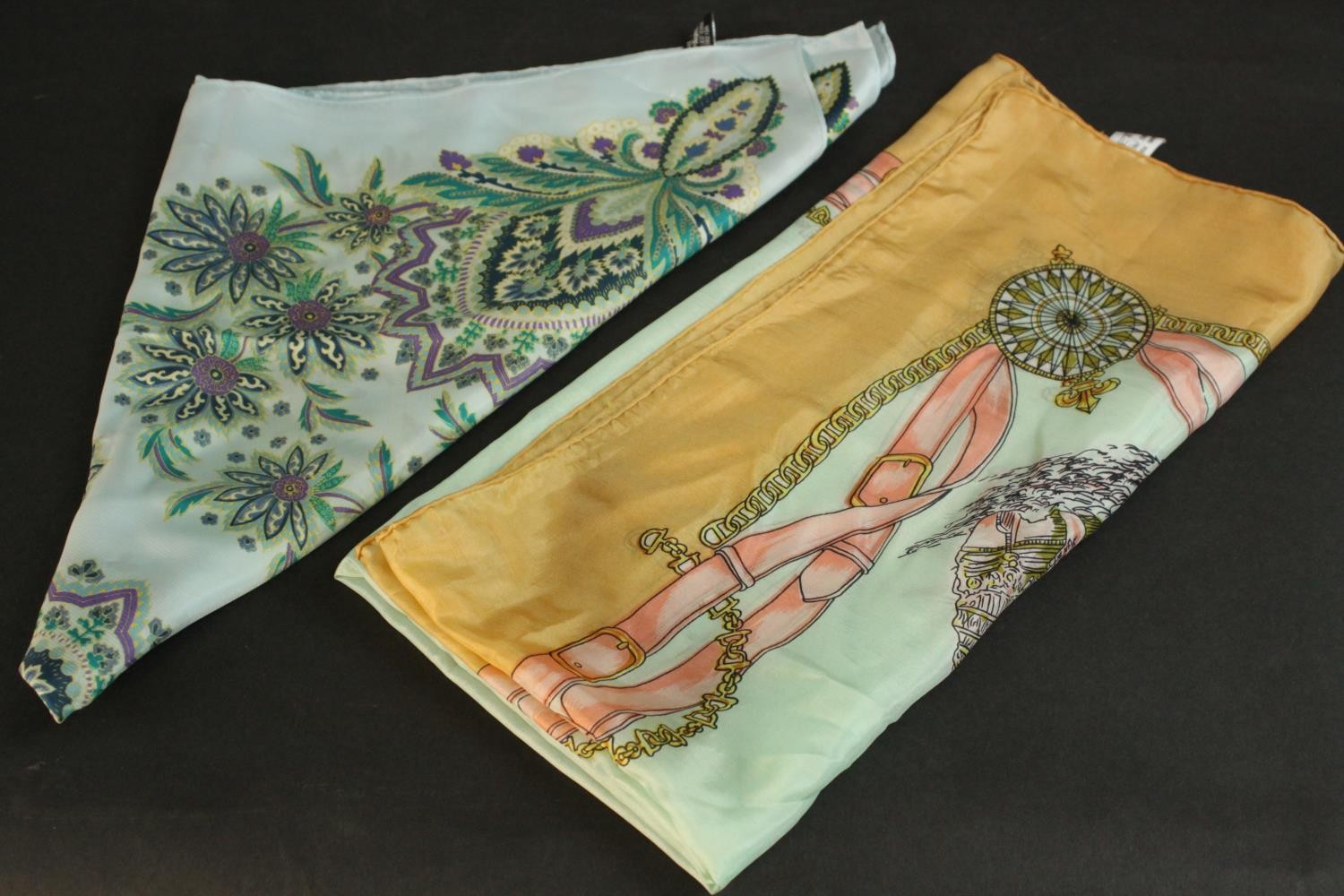 Two vintage silk scarves one with a galleon design and the other with a stylised floral and