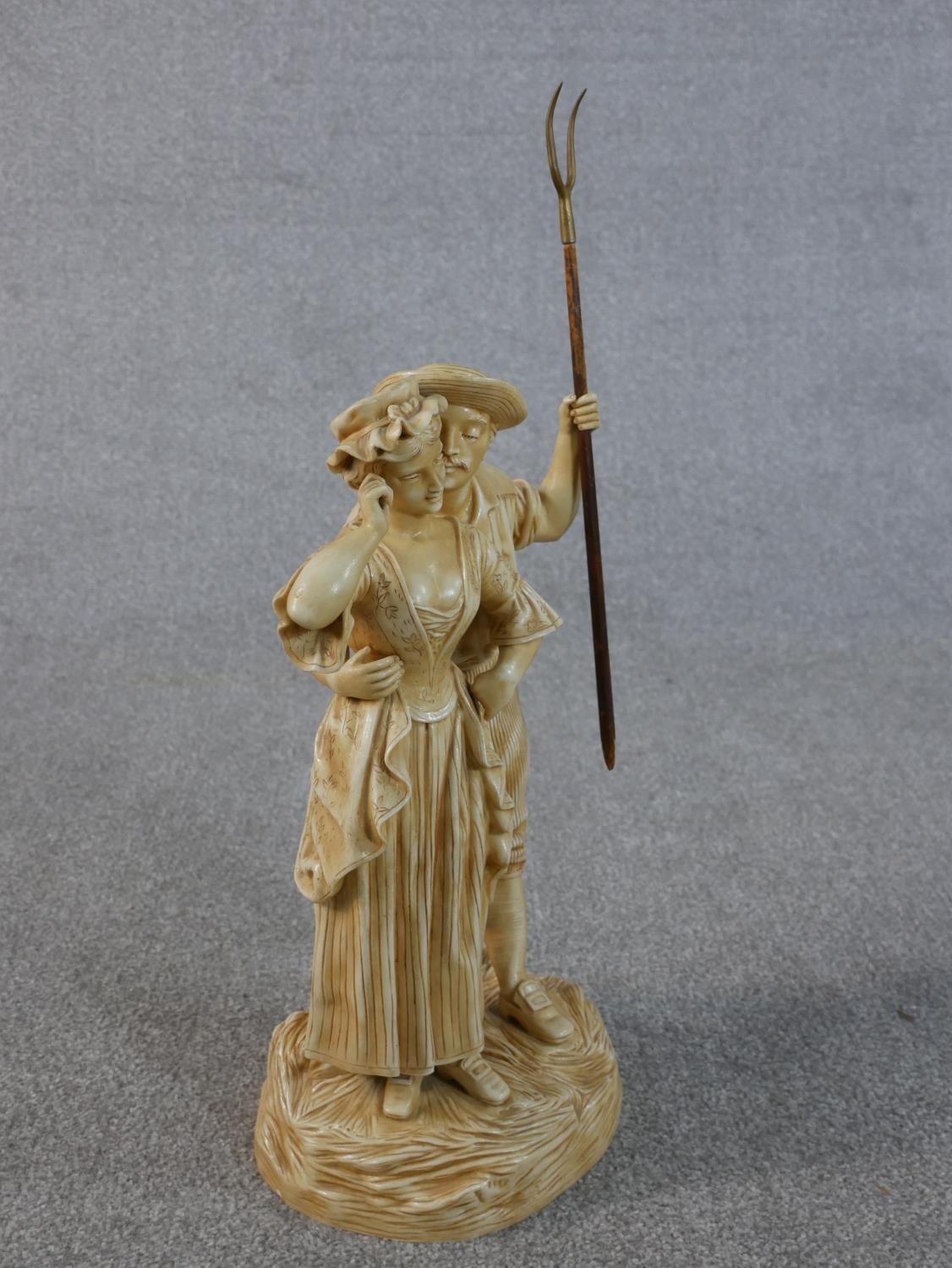 A large Victorian cream glazed ceramic figure group of the haymaker and the milk maid embracing. The - Image 3 of 5