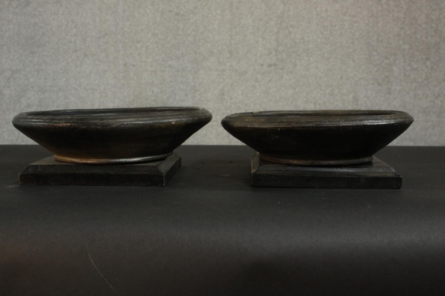 Two gold glaze art pottery bowls with two 19th century ebonised square stands. H.10 Dia.29cm. (each) - Image 3 of 7