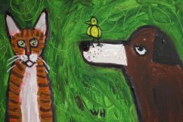 Wolf Howard, acrylic on canvas, 'Cat and Dog (with Bird)', monogrammed WH, signed and dated verso.