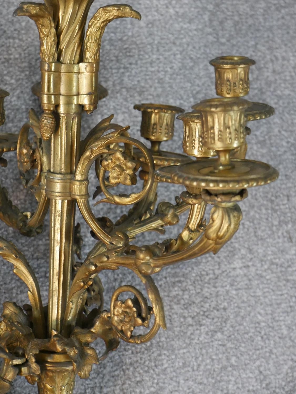 A late 19th century ormolu wall applique, the torch form wall mount hung with garlands of flowers - Image 7 of 8