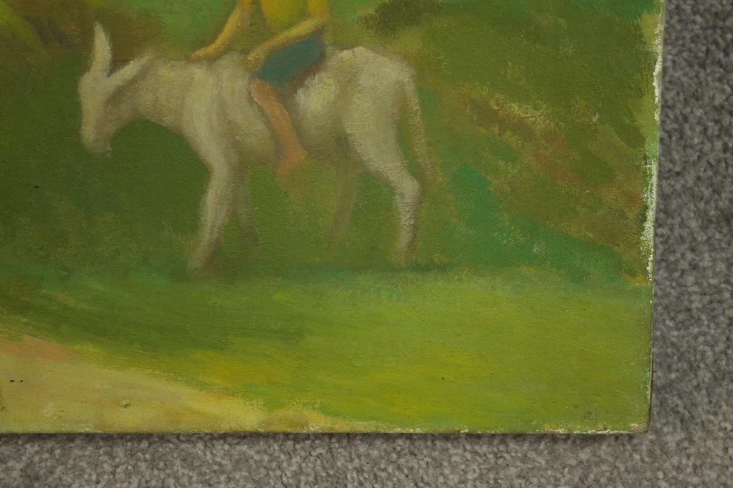 An unframed mid-century oil on canvas of a hillside landscape with figures and donkeys, unsigned. - Image 4 of 6