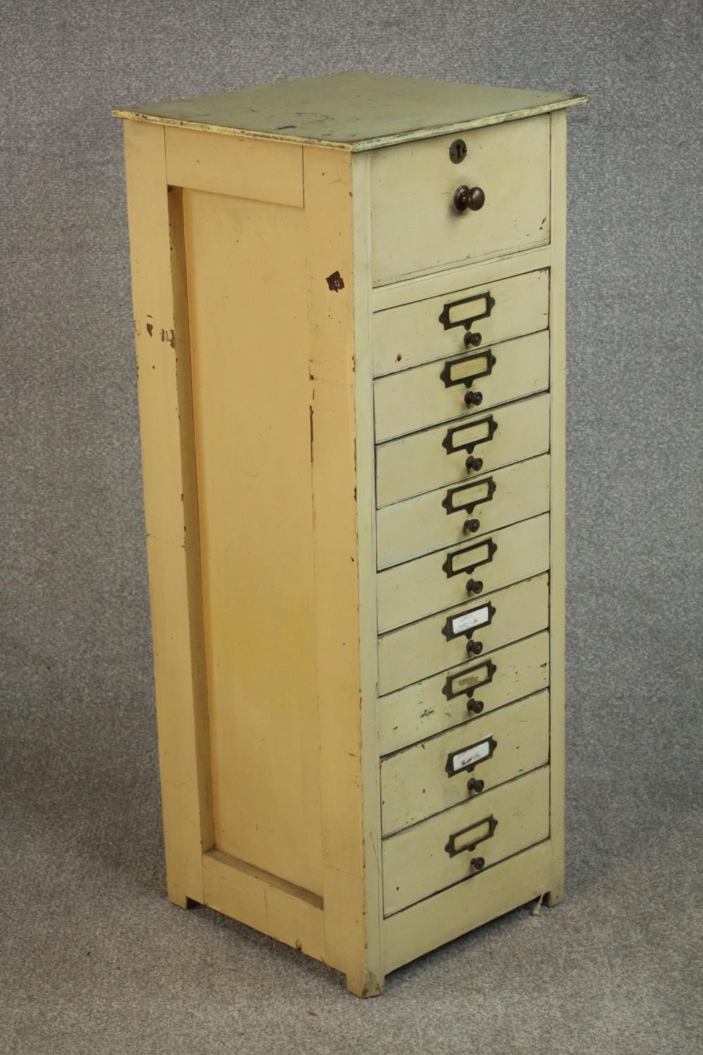 An early 20th century cream painted filing chest of ten drawers. H.99 W.38 D.37cm. - Image 3 of 6