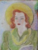 A framed and glazed pastel portrait of a lady in a green dress wearing a yellow hat, indistinctly