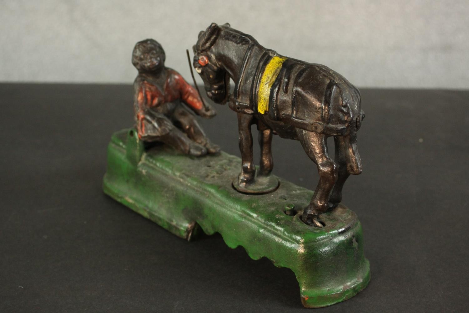 A vintage style painted cast iron mechanical money box of a boy and horse. The horse bucks - Image 3 of 5