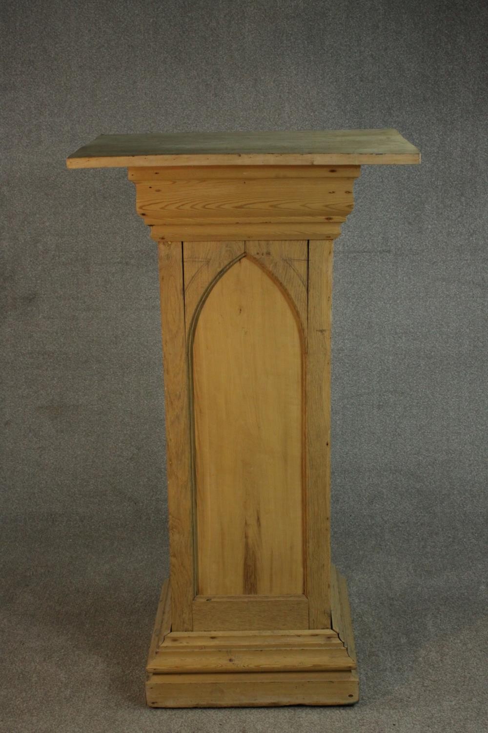 A Gothic Revival oak and pine sculpture stand, with a rectangular top, the sides with arched design, - Image 3 of 9