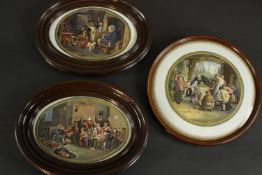 Three Prattware framed ceramic plaques: The Blind Fiddler, after Wilkie, Highland Games, after