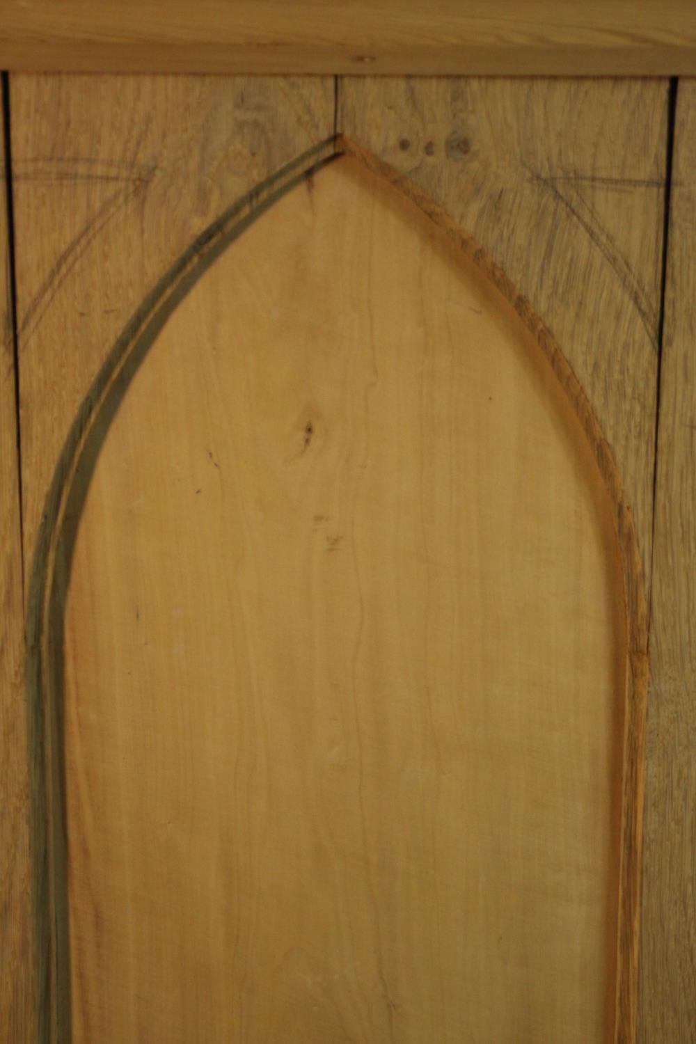 A Gothic Revival oak and pine sculpture stand, with a rectangular top, the sides with arched design, - Image 7 of 9