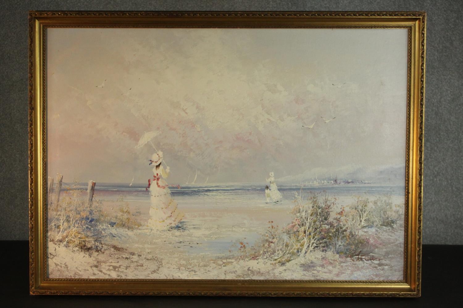 J Miller (Contemporary), Edwardian Beach Scene, acrylic, signed lower right. H.68 W.94cm. - Image 2 of 6
