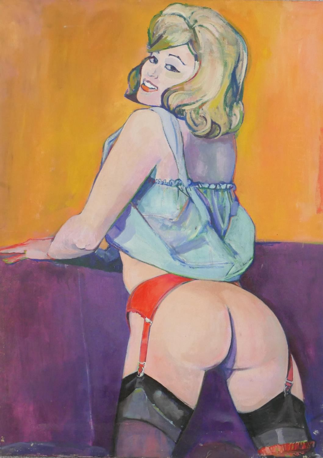 A large oil on canvas of a half nude female in suspenders and stockings, unsigned. H.116 W.84cm - Image 2 of 4