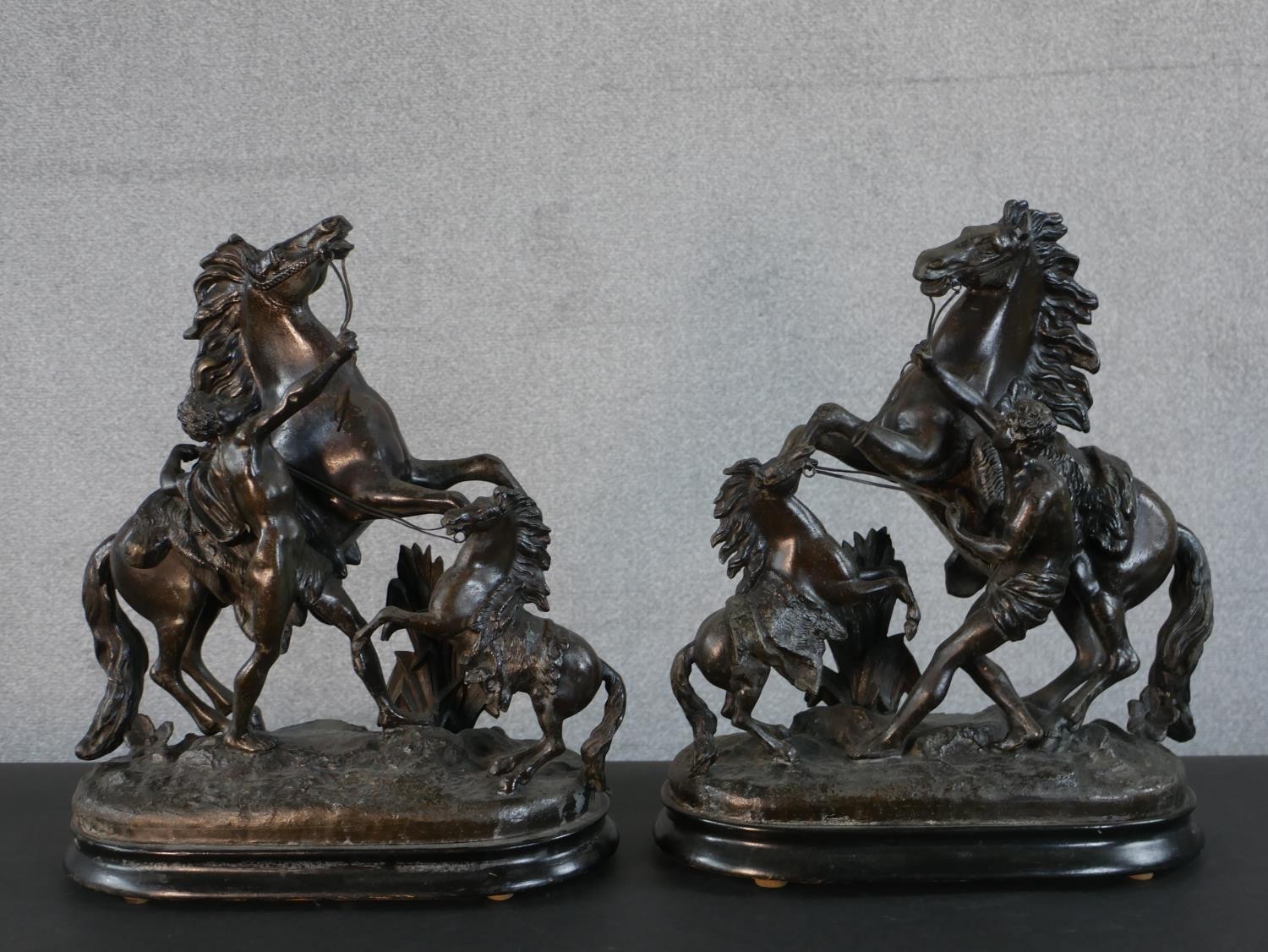 A pair of early 20th century spelter Marly horse figure groups with foals on ebonised bases. H.41 - Image 2 of 5