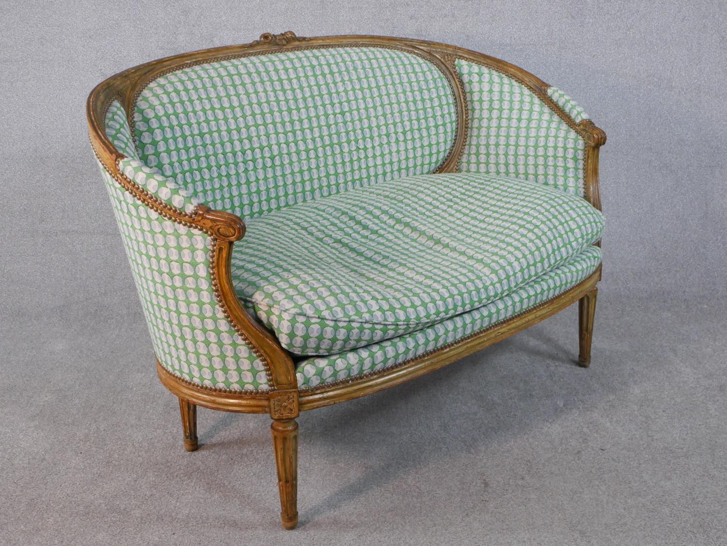 A carved Louis XVI style canape reupholstered in a retro style pale sage patterned material. H.91 - Image 3 of 6