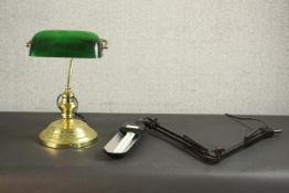 A 1930s’ style brass desk banker's lamp, with green shade along with a modern Continental anglepoise