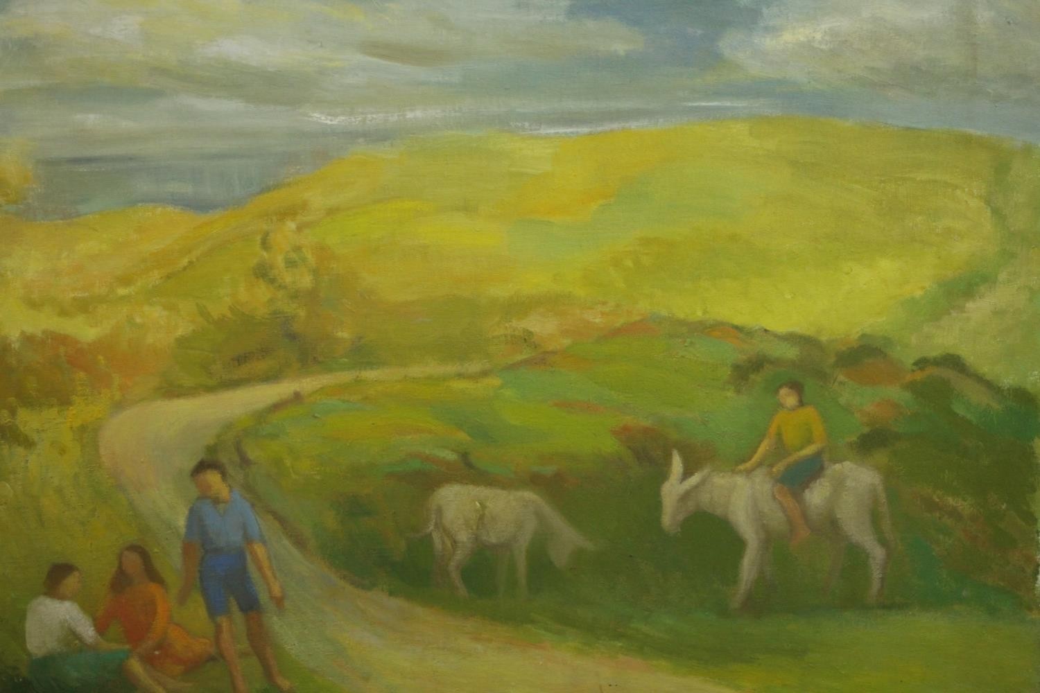 An unframed mid-century oil on canvas of a hillside landscape with figures and donkeys, unsigned.