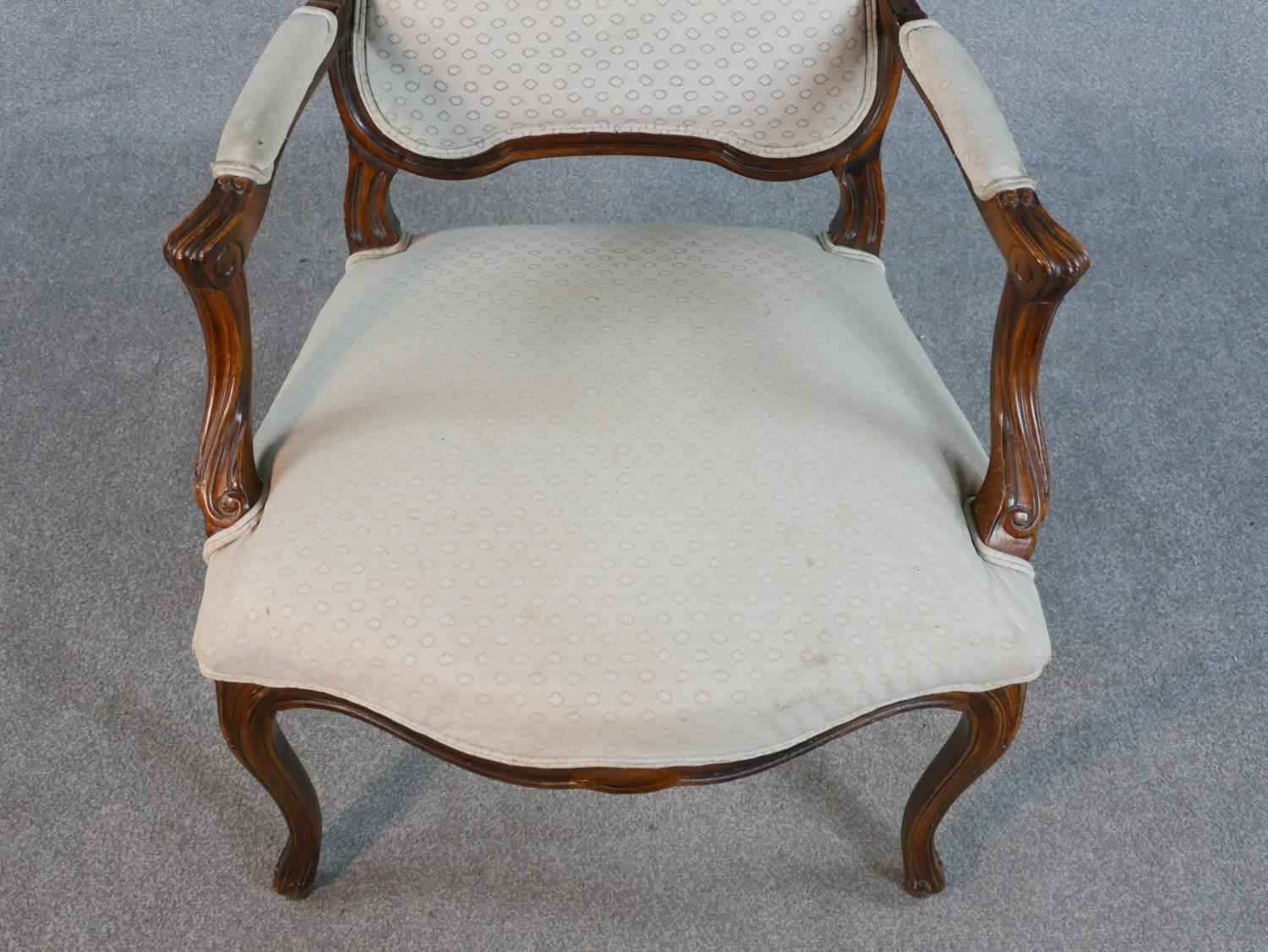 A French Louix XV style walnut fauteuil armchair, upholstered to the back, seat and arm pads with - Image 3 of 4