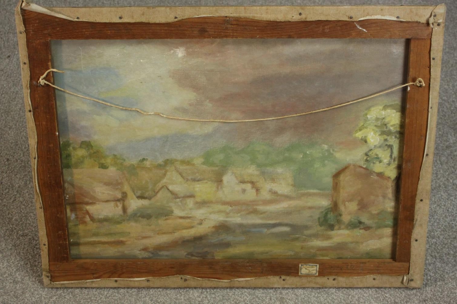 An unframed mid-century oil on canvas of a hillside landscape with figures and donkeys, unsigned. - Image 6 of 6