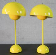 A pair of contemporary flowerpot desk lamps in yellow by Louis Poulsen for Verner Panton. Domed half