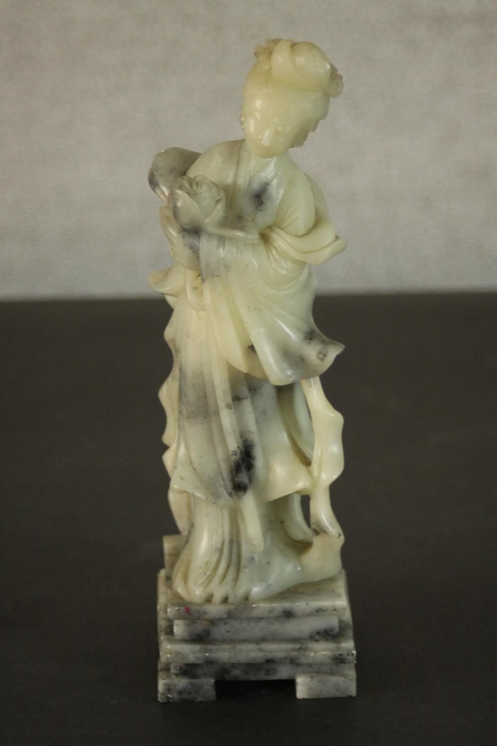 A carved Chinese soapstone figure of a female deity along with a hand painted clay figure of a - Image 10 of 16