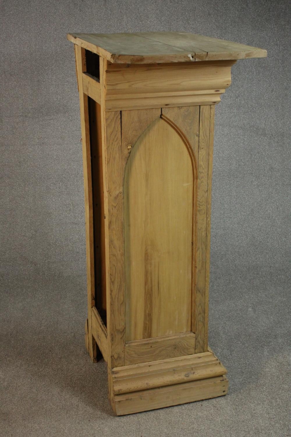 A Gothic Revival oak and pine sculpture stand, with a rectangular top, the sides with arched design, - Image 6 of 9